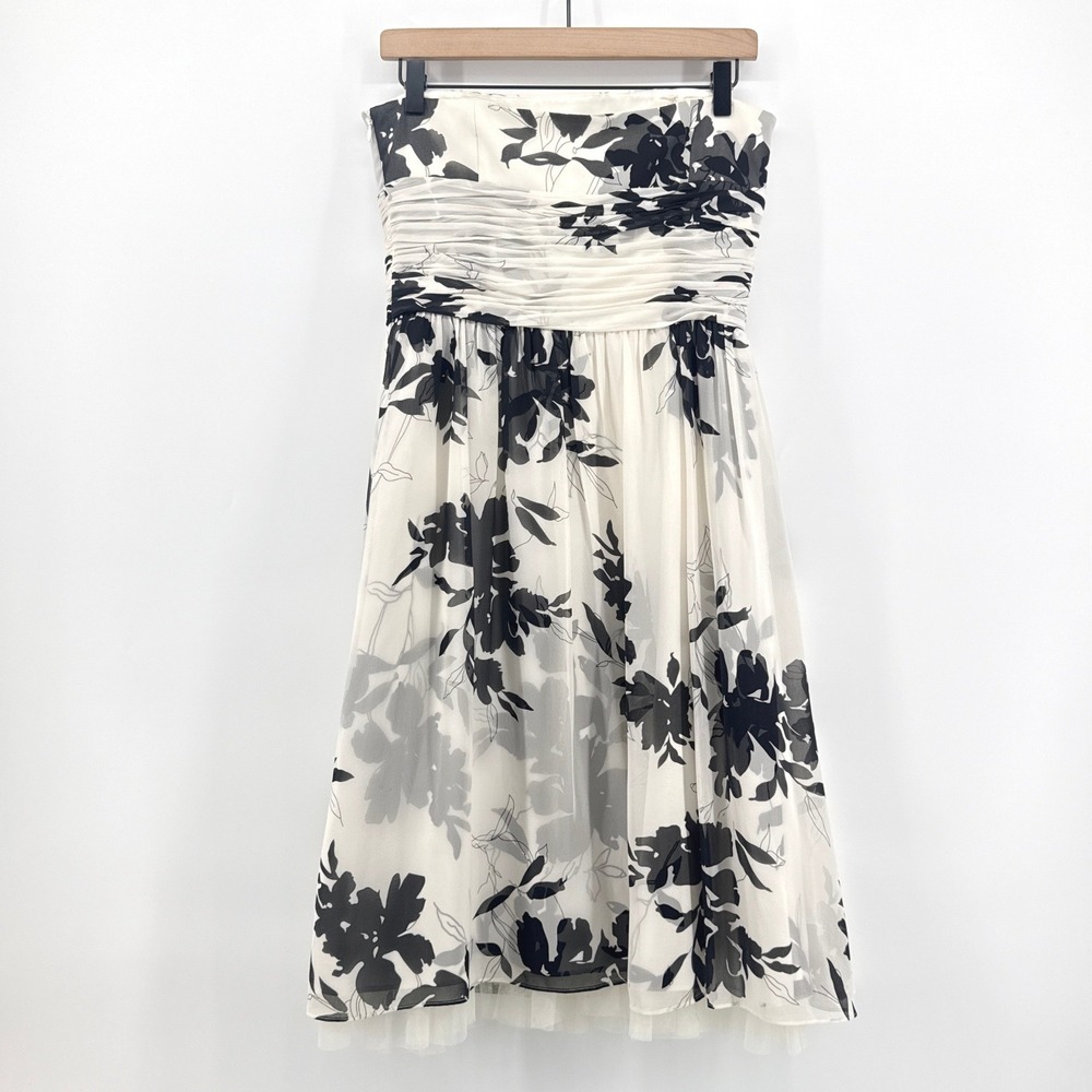 Ann Taylor 100% Silk Strapless Floral Dress 6 Ivory Black Cocktail Midi Pleated - Picture 6 of 11